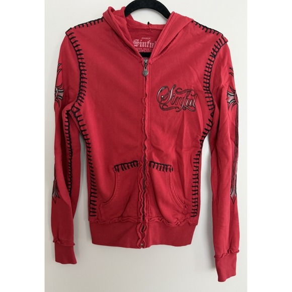 Sinful By Affliction Tops - Sinful by Affliction Y2K Hoodie Cyber Grunge Goth Red Women's Size Small